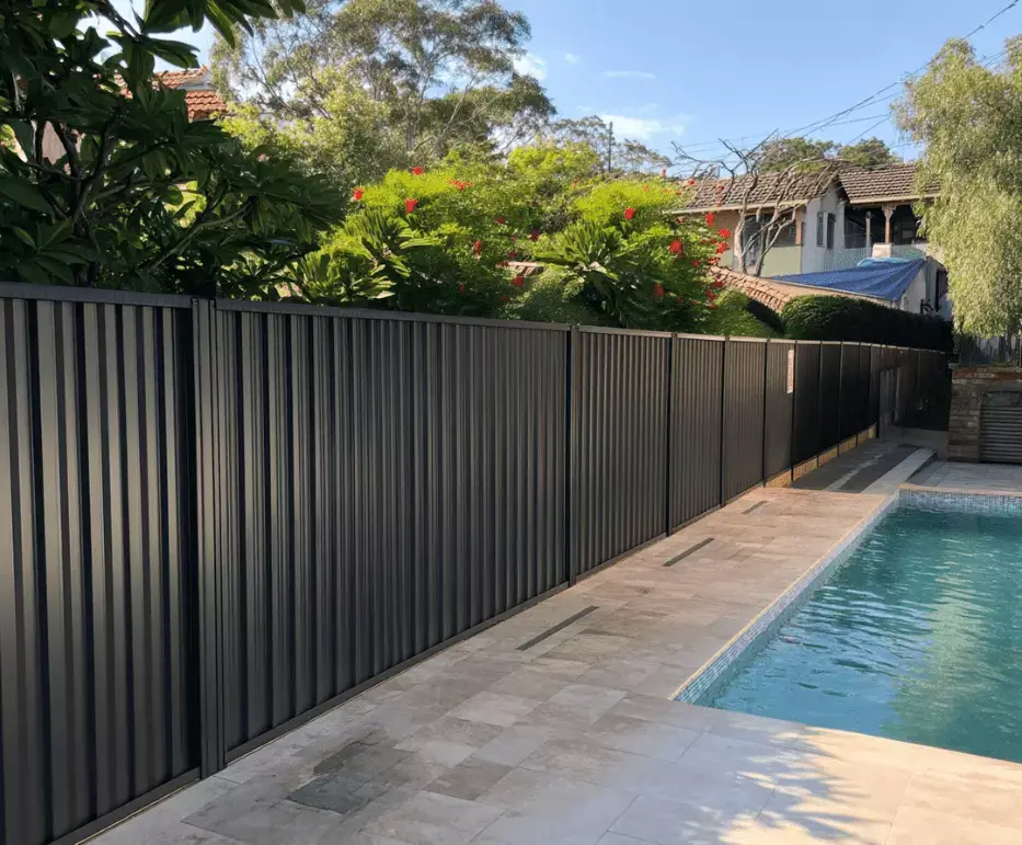 Black Colorbond fence along a backyard pool in Yeppoon